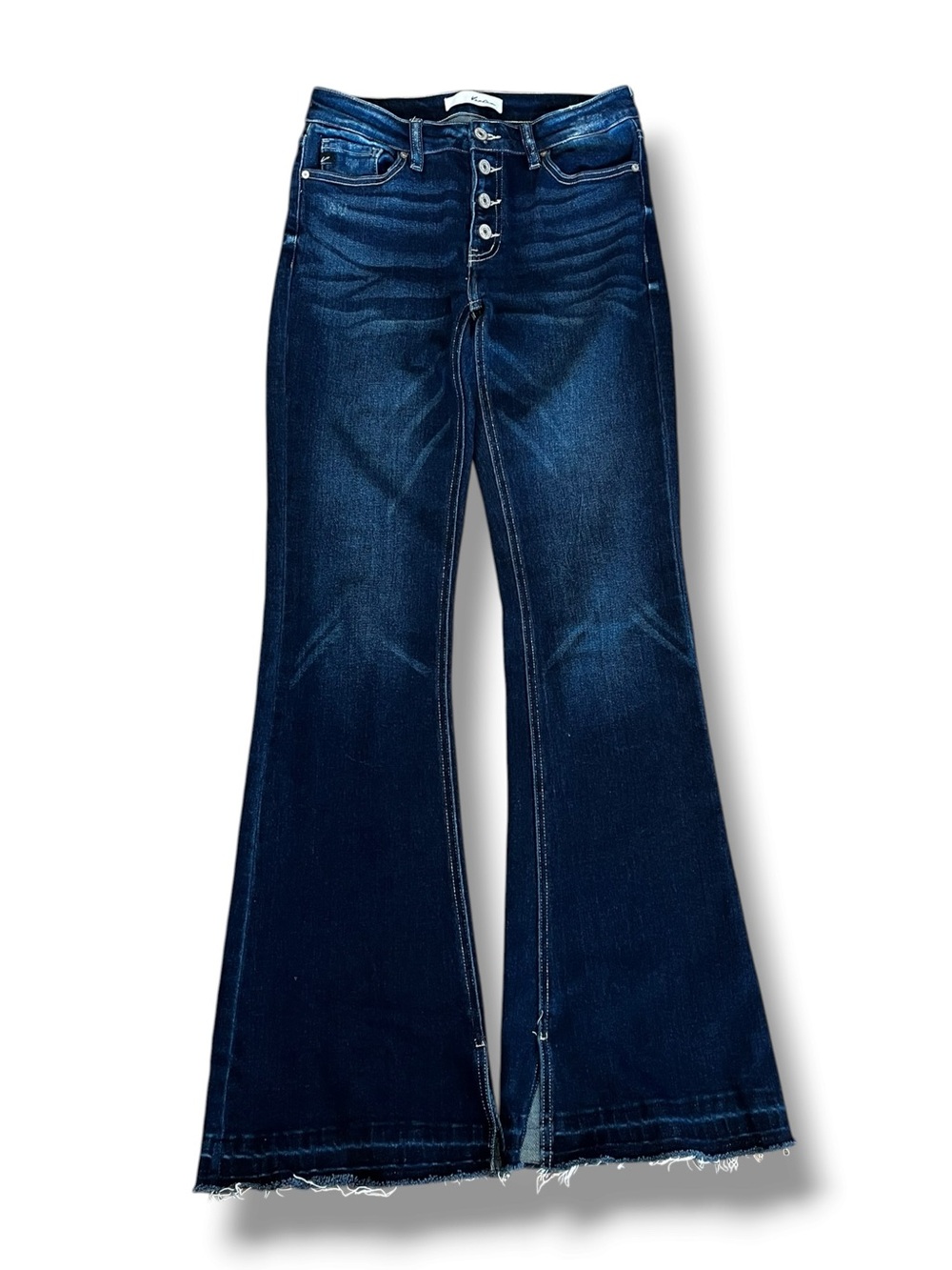 KanCan Flared Jeans Size 9/28 Exposed button Fly 34" Inseam Hippie Boho Retro